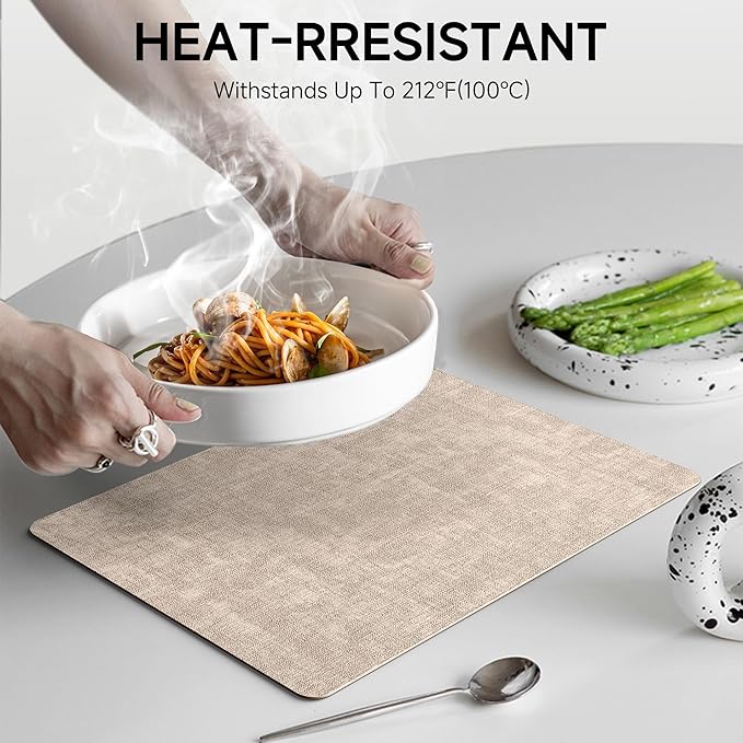 Faux Leather Vinyl Placemats Set of 4 Wipeable Heat Resistant Place Mats 100% Washable - Waterproof - Anti Slip Reversible Table Mats for Kitchen/Dining/Party/Outdoor, 12" x 16.5", Khaki