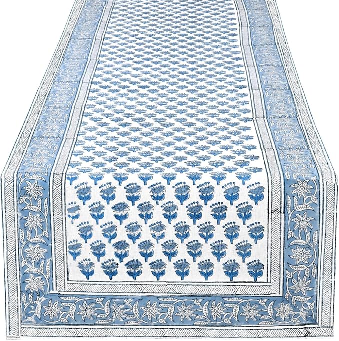 CPC Cotton Table Runner 16x60 Inch Block Printed Long Fall Table Runner for Dining Table, Card Table, Coffee Table, Wedding, Farmhouse & Outdoor Barbeque-Apatite Blue