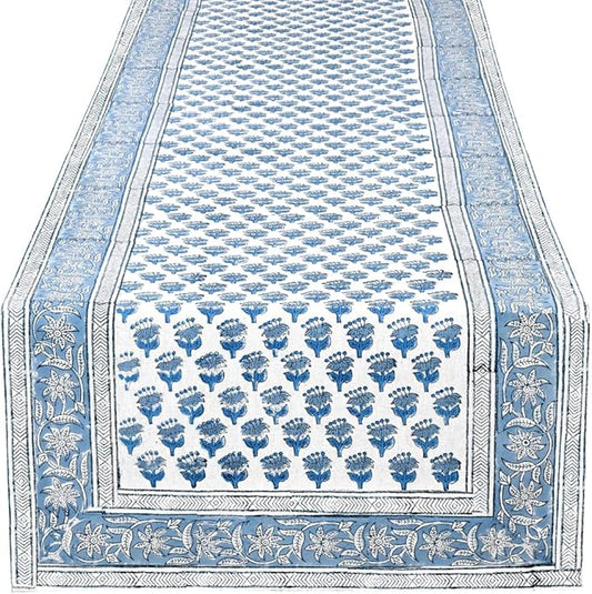 CPC Cotton Table Runner 16x60 Inch Block Printed Long Fall Table Runner for Dining Table, Card Table, Coffee Table, Wedding, Farmhouse & Outdoor Barbeque-Apatite Blue