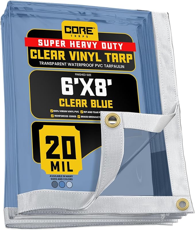 Core Tarps 20 Mil Extreme Heavy Duty Clear Tarp with Grommets - 6x8ft Super Clear Tarps Heavy Duty Waterproof Vinyl Tarpaulin, Transparent Tarp for Outdoor, Camping & Construction, Blue