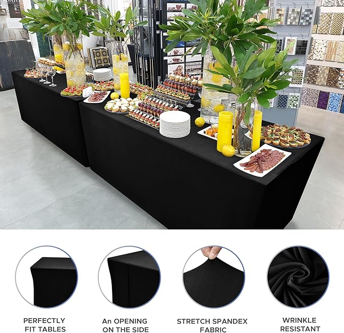 Nasitos Black Fitted Table Covers for 8 Foot Tables - 96 x 30 Inch - 4 Pack Stretch Spandex Rectangle Table Clothes, Fabric Tablecloths for Folding Table, Parties, Trade Show, Birthday