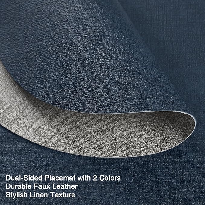 Placemats and Coasters, Washable Reversible Placemats Round Faux Leather Wipeable Place Mats Non Slip Heat Resistant Indoor Outdoor Table Mats (Set of 4, Gray Blue)