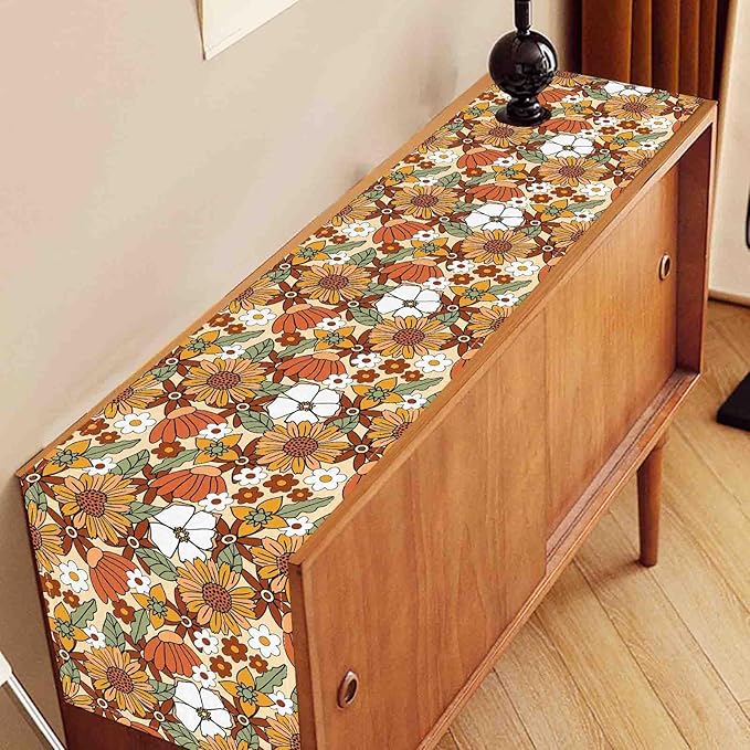 70s Floral Table Runner, Retro Groovy Hippie Oange Floral Funky Daisy Trippy Coffee Table Center Decor for Home Kitchen Dining Patio Holiday Party Indoor Outdoor Table Decorations, 13"x90" Inch