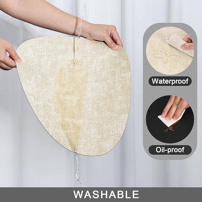 Placemats and Coasters, Washable Reversible Placemats Round Faux Leather Wipeable Place Mats Non Slip Heat Resistant Indoor Outdoor Table Mats (Set of 6, Cream Black)