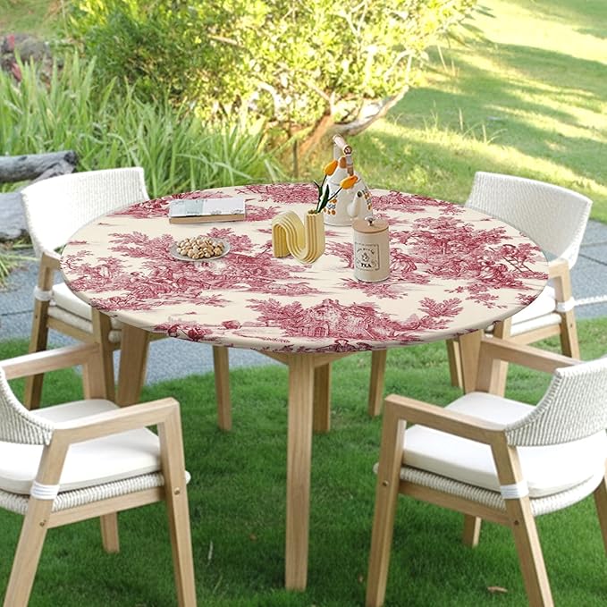 French Country Round Fitted Tablecloth with Elastic Vintage Red Circle Table Cloth for 36-40" Round Tables Wipeable Waterproof Rustic Burgundy Pink Village Table Cover for Dining Patio Picnic Decor