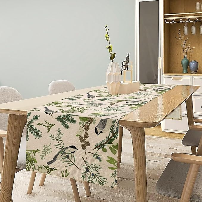 Bird Spring Table Runner,Vintage Watercolor Perching Birds Green Pine Branches Table Runner for Kitchen Dining Table Holiday Indoor Outdoor Home Party Decor 13x108in