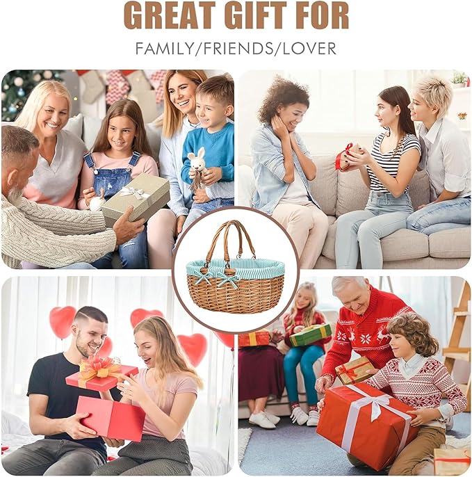 G GOOD GAIN Oval Picnic Basket with Folding Handles, Willow Hand Woven Shopping Basket, Bath Storage Gift Packing Basket, Wicker Empty Easter Eggs and Candy Small Gift Basket.Green