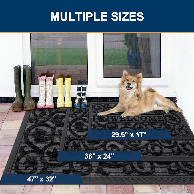 Smiry Welcome Door Mat Outside Entrance, Heavy Duty Trap Dirt and Moisture Easy Clean Low Profile Patio Porch Indoor Outdoor Front Doormat for Entry, 36x24 Inch, Black