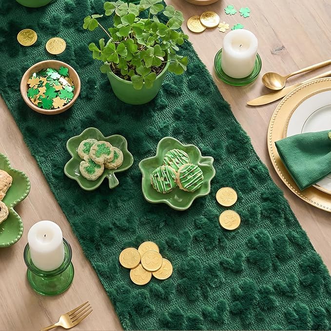 Artoid Mode Green Soft Plush Faux Fur Jacquard Heart Clover St. Patrick's Day Table Runner, Seasonal Kitchen Dining Table Decoration for Home Party Decor 13x72 Inch