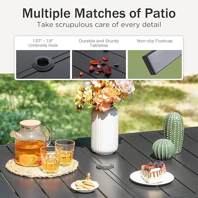 PHI VILLA Outdoor Dining Set for 6, All-Weather Patio Table and Chairs Set for 6, Heavy Duty Rectangle Patio Metal Table Set for Deck, 6 Extra Large Outdoor Swivel Chairs with Thick Cushions
