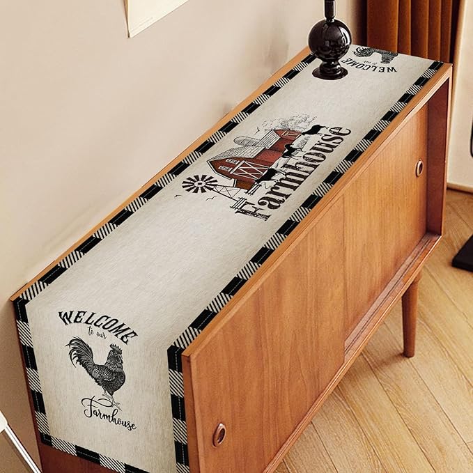 Farm Animals Table Runner, Rustic Farmhouse Cow Pig Rooster Watercolor Coffee Table Center Decor for Home Kitchen Dining Patio Holiday Party Indoor Outdoor Table Decorations, 13"x90" Inch