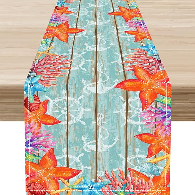 Blue Starfish Table Runner,Nautical Beach Wooden Ocean Table Runner Seasonal Holiday Home Kitchen Dining Table for Home Party Decor 13"x36"