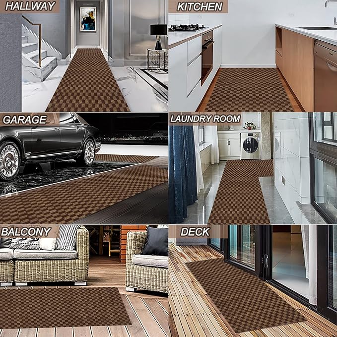 3' x 27' Runner Rugs with Rubber Backing, Indoor Outdoor Utility Carpet Runner Rugs, Checkered Brown, Can Be Used as Aisle for The RV and Boat, Laundry Room and Balcony