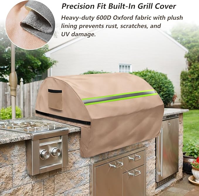 Built in Grill Cover for Blaze Premium LTE 32-Inch - Heavy Duty 600D Waterproof with Reflective Strips and Plush Lining, Universal 4-Burner Gas Grill Protector,Khaki