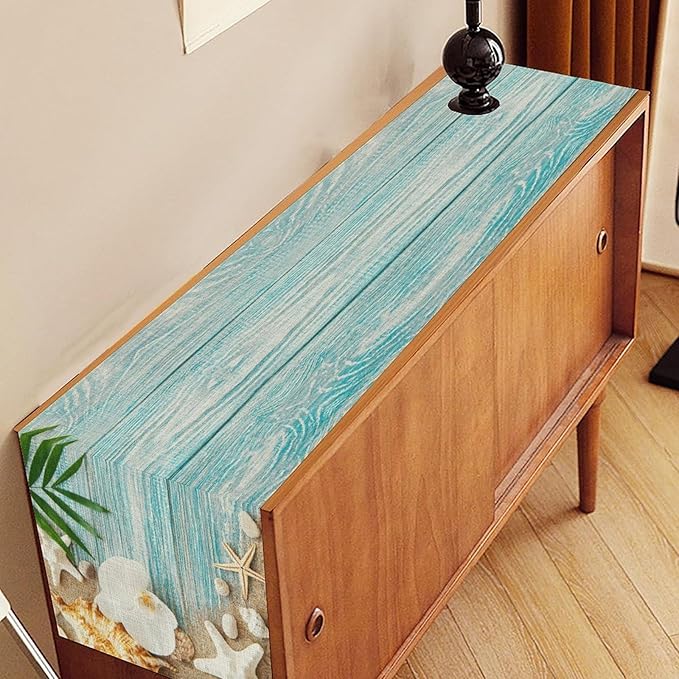 Blue Wooden Starfish Table Runner, Turquoise Tropical Summer Sandy Ocean Beach Coffee Table Center Deco, for Kitchen Family Festival Farmhouse Party and Living Room Table Decorations, 13" X 90"