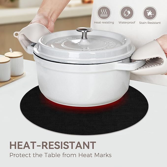 13" Round Placemats Set of 4, Reversible Faux Leather Heat Resistant Table Mats, 100% Waterproof Oilproof Wipeable Table Protective Placemats for Vinyl, Washable for Indoor (4, Black)