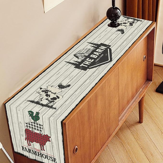 Farmhouse Pig Cow Table Runner, Rustic Black Rooster Animals Coffee Table Center Decor for Family Kitchen Dining Room and Living Room Outdoor Country Holiday Party Table Decorations, 13" X 72"