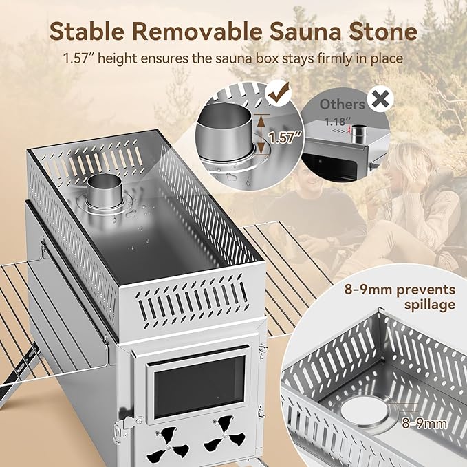 Sauna Hot Tent Stove, Rocket Camping Wood Burning Stove with 8 Stainless Chimney Pipes, Portable Folding Wood Stove for Tent, Outdoor Heating, Cooking, Ice Fishing, Hunting