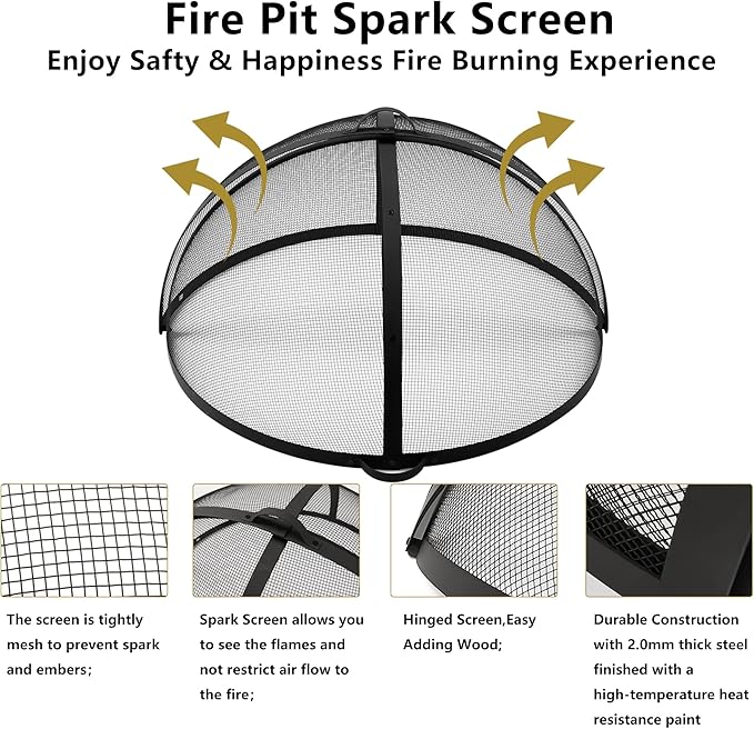 WeCooper 30In Round Fire Pit Spark Screen Cover, Outdoor Patio Easy-Opening Fire Pits Mesh Screen, Heavy Duty Steel Firepit Ember Lid with Hinge