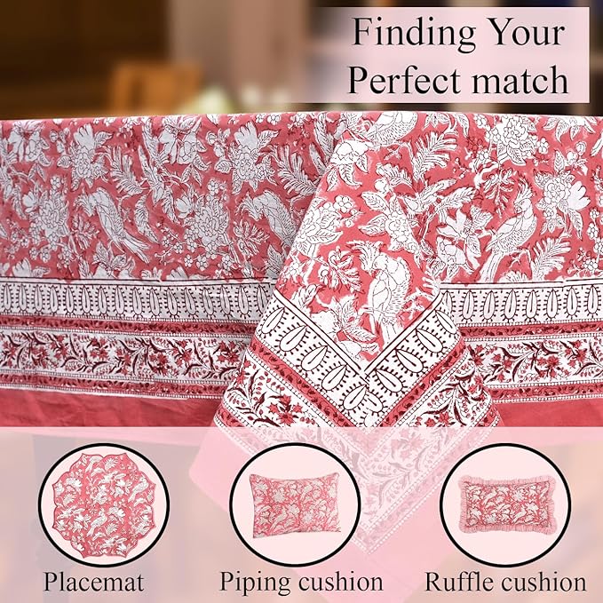 CPC Tablecloth 100% Cotton 72x160 Inch Indian Block Print Rectangle Table Cover, Pink Table Cloth for Weddings, Spring/Summer, Barbeque - Pink Coral