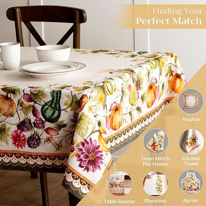 Maison d' Hermine Table Cloth Rectangle Table 100% Cotton 70 x 90 Inches Fall Tablecloth Reusable Everyday Use for Thanksgiving Christmas Decorations Dining Farmhouse (Pumpkin Garden - Cloudy Cream)