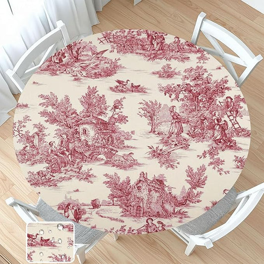 French Country Round Fitted Tablecloth with Elastic Vintage Red Circle Table Cloth for 36-40" Round Tables Wipeable Waterproof Rustic Burgundy Pink Village Table Cover for Dining Patio Picnic Decor