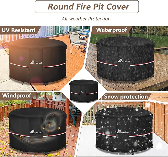 Fire Pit Cover Round 40 Inch Waterproof,Outdoor Heavy Duty Durable 600D Tear-Resistant Fire Pit Table Cover,Patio Round Firepit Cover 40" D x 20" H, Black