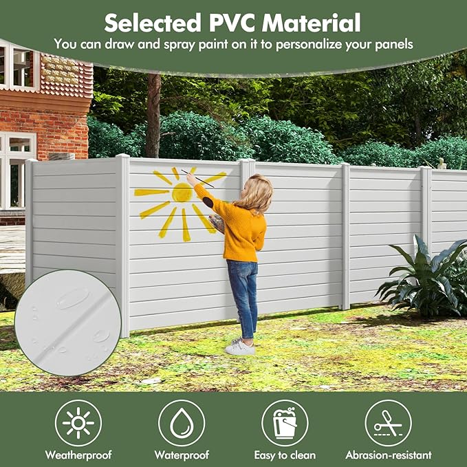 Giantex Outdoor Privacy Screen 2 Panels, 48''W x 48''H Decorative Air Conditioner Fence Trash Can Enclosure with 3 Stakes, Easy Assembly, PVC Vinyl Picket Fences for Garden Patio Lawn, White