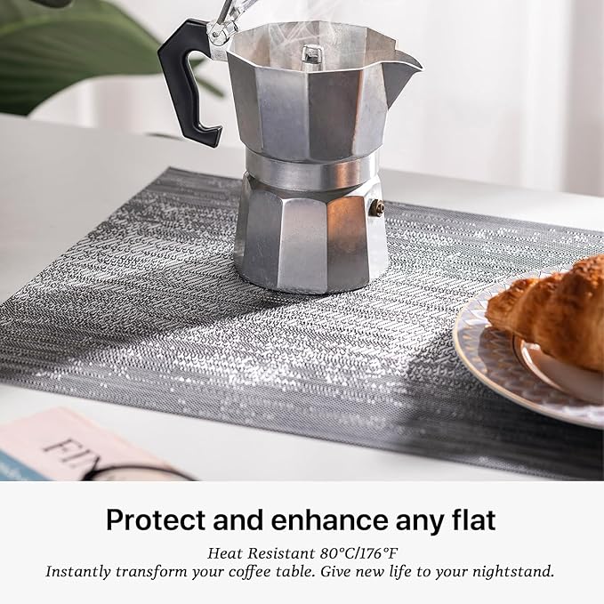 LEXMORE Placemats Set of 6 Vinyl/Plastic Woven Place Mats for Kitchen Table Indoor/Outdoor Washable Placemat Wipeable Dining Table Mats(Ombre Gray)