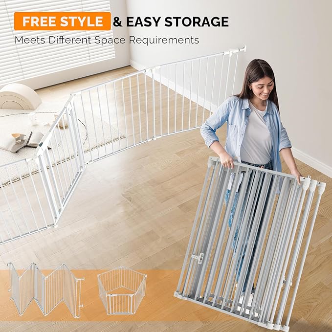 Bonnlo 120-Inch Wide Metal Baby Safety Fence/Play Yard Adjustable Fireplace Hearth BBQ Fire Gate Christmas Tree Gate 5-Panel Playpen for Toddler/Pet/Puppy/Cat/Dog, 25.39"W x 29.3" H Each Panel, White