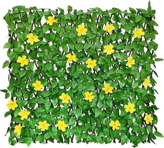 Expandable Fence Privacy Screen for Balcony Patio Outdoor,Decorative Faux Ivy Fencing Panel,Artificial Hedges (Single Sided Leaves) (1, Yellow Flowers)