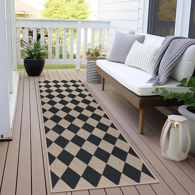 Easy Jute Checkered Runner Rug, 2x6 Black Modern Washable Rugs Runner for Hallway Non-Slip Long Kitchen Rug, Geometric Diamond Indoor Outdoor Carpet for Porch Laundry Entryway