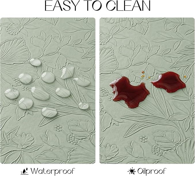 Romanstile Vinyl Placemats Set of 4-12 X 18 Inch - Heat Resistant Non-Slip Embossed Floral Place Mats 100% Waterproof Oilproof Wipeable Faux Leather Table Mats for Kitchen/Dining/Party, GrassGreen