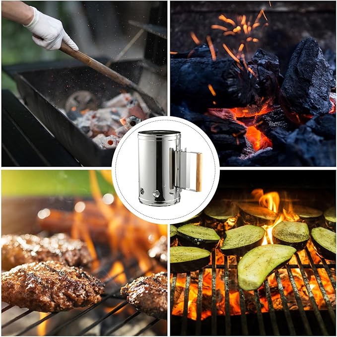 GANAZONO Quick Coal Starter Barrel BBQ Chimney Starter Grill Fire Starter with Heat Shield and Wooden Handle for Outdoor Barbecue Cooking