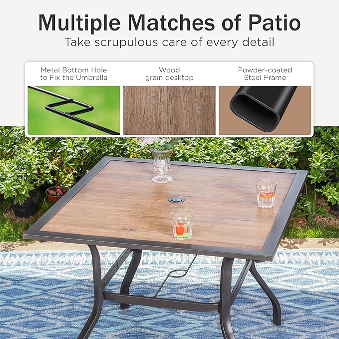 PHI VILLA 5-Piece Patio Dining Set with Umbrella Hole, Patio Table and Chairs Set with Square Wooden-Like Table & Folding Patio Chairs (Grey)