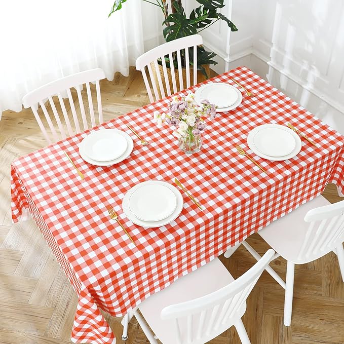 Romanstile Rectangle Vinyl Tablecloth, 100% Waterproof Buffalo Gingham Plastic Table Cloth, Heavy Duty Wipeable Checkered Table Covers for Outdoor, Camping, Picnic, Patio - 54 x 120, Red and White
