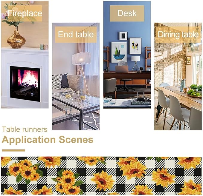 Yellow Sunflower Table Runner, Vintage Farmhouse Black White Sunshine Sunflowers Print for Autumn Farmhouse Home Kitchen Table Decoration,13x36inch