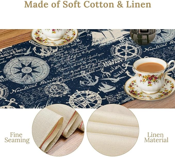 Marine Ship Table Runner, Nautical Pattern Seasonal Farmhouse Sea Rustic Kitchen Dining Table Decoration for Holiday Home Party Festival 13x70in