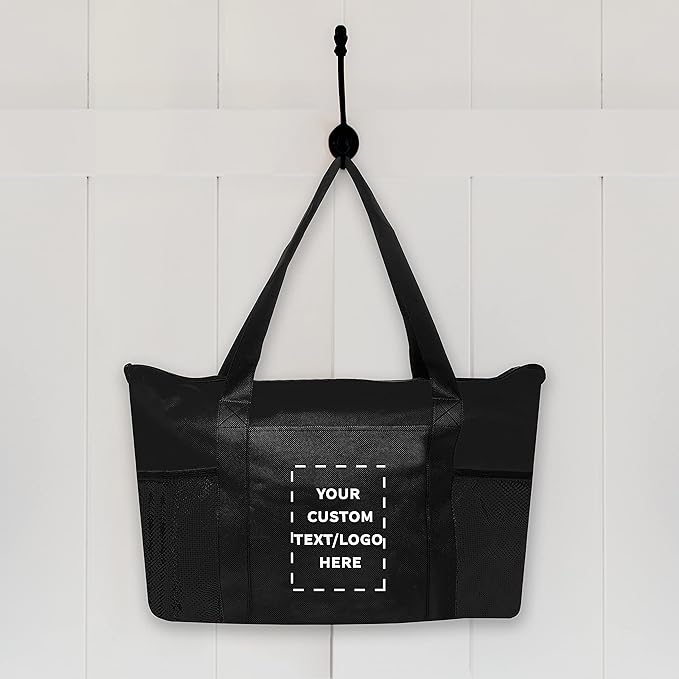 DISCOUNT PROMOS 50 Zippered Non-Woven Tote Bags Set - Customizable Text, Logo - Mesh Pocket, Zippered, Recyclable, Reusable - Black - 19"X14"X3", with Zipper