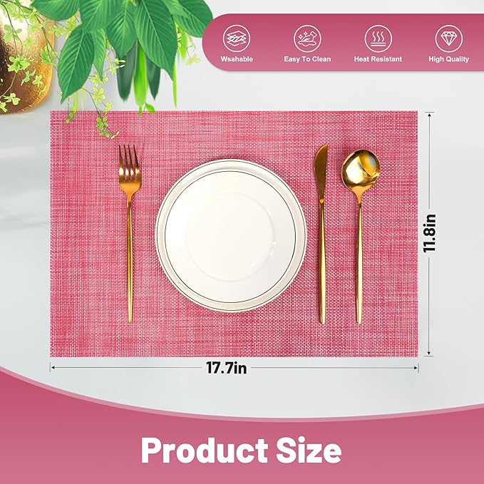 Placemats Set of 6，Christmas Decoration Non-Slip PVC Weave Table Mats Easy to Clean，Heat Resistant Place Mats for Kitchen Dining Table Decoration Indoor Outdoor，Red