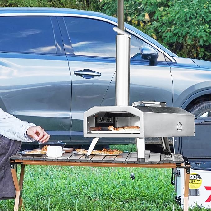 VEVOR Pizza Oven Outdoor, 12" Pellet Pizza Oven, Portable Pizza Stove with Built-in Thermometer, Wood Fired Stainless Steel Pizza Maker, for Backyard, Camping, Pizza Stone, Shovel, Carry Bag, Silver
