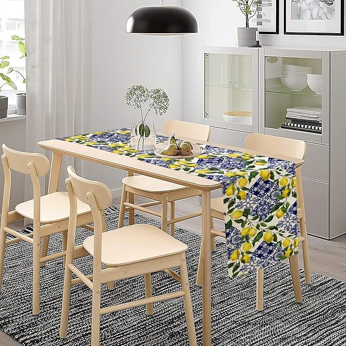 Lemon Fruit Nature Table Runner Farmhouse Talavera Ethnic Folk Rustic Watercolor Blue Dining Table Decoration for Home Holiday Party Dresser Kitchen Cabin Restaurant Wedding Decor 13×60in