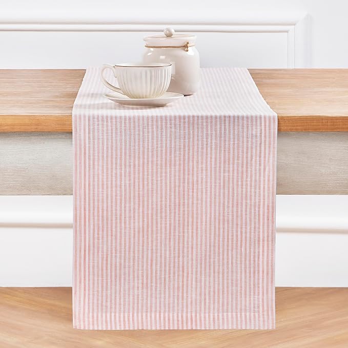 Solino Home Linen Striped Table Runner 36 Inches - Narrow Stripe, 100% Pure Linen Peach and White Small Table Runner 14 x 36 Inch Ideal for Dresser and Coffee Tables, Valentines, Spring, Easter