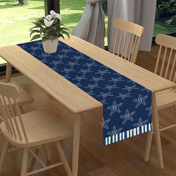 Starfish Table Runner, Summer Coastal Navy Blue Nautical Tropical Rustic Farmhouse Coffee Table Center Decor for Home Kitchen Dining Patio Holiday Party Table Decorations 13"x90"