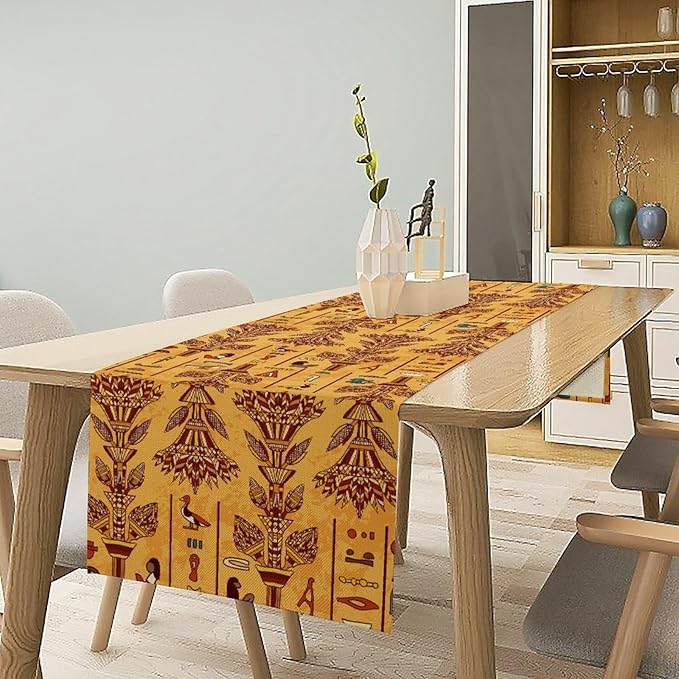 Egyptian Table Runner, Rustic Egypt Mythology Pharaohs African Hieroglyphs Old Alphabetic Table Runner for Kitchen Dining Room Farmhouse Party Banquet 13x120in