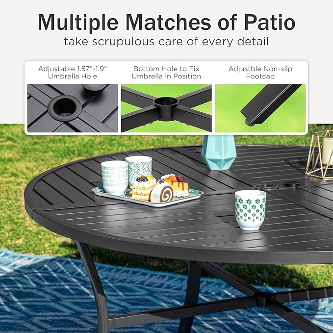 PHI VILLA Heavy Duty Outdoor Dining Set, 7-Piece Round Patio Table Set, 52" Round Dining Table with Umbrella Hole & 6 Outdoor Swivel Rocking Chairs with Thick Cushions