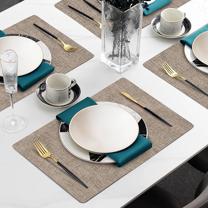 Faux Leather Heat Resistant Placemats Set of 6 – Waterproof Oilproof Wipeable Dining PU Vinyl Place Mat Easy Clean Table Mats for Kitchen/Dining/Party/Holiday, Khaki