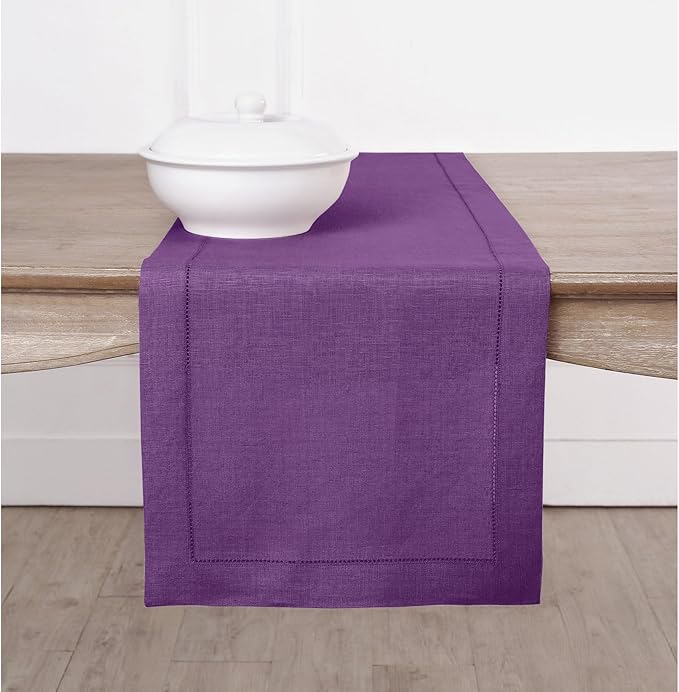 Solino Home Linen Table Runner 90 Inches Long - Classic Hemstitch 100% Pure Linen Purple Dining Table Runner 14 x 90 Inch for Valentines, Spring, Easter