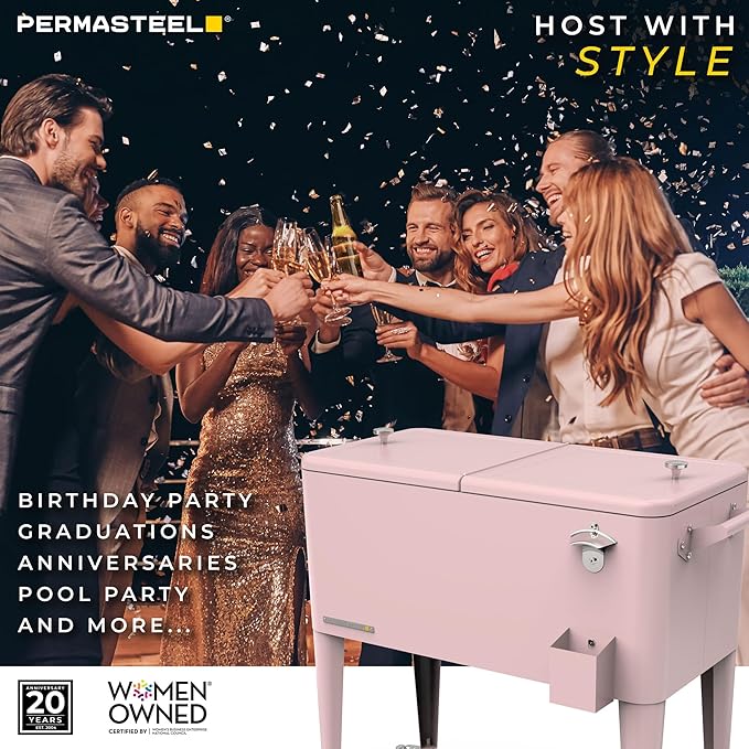 Permasteel 80 Quart Party Cooler, Rolling Ice Chest with Wheels and Handles for Indoor Outdoor Patio