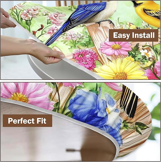 Spring Birds Floral Round Fitted Tablecloth with Elastic Colorful Flower Butterfly Circle Table Cloth for 40-44" Round Tables Wipeable Waterproof Farmhouse Easter Table Cover for Outdoor Picnic Dining